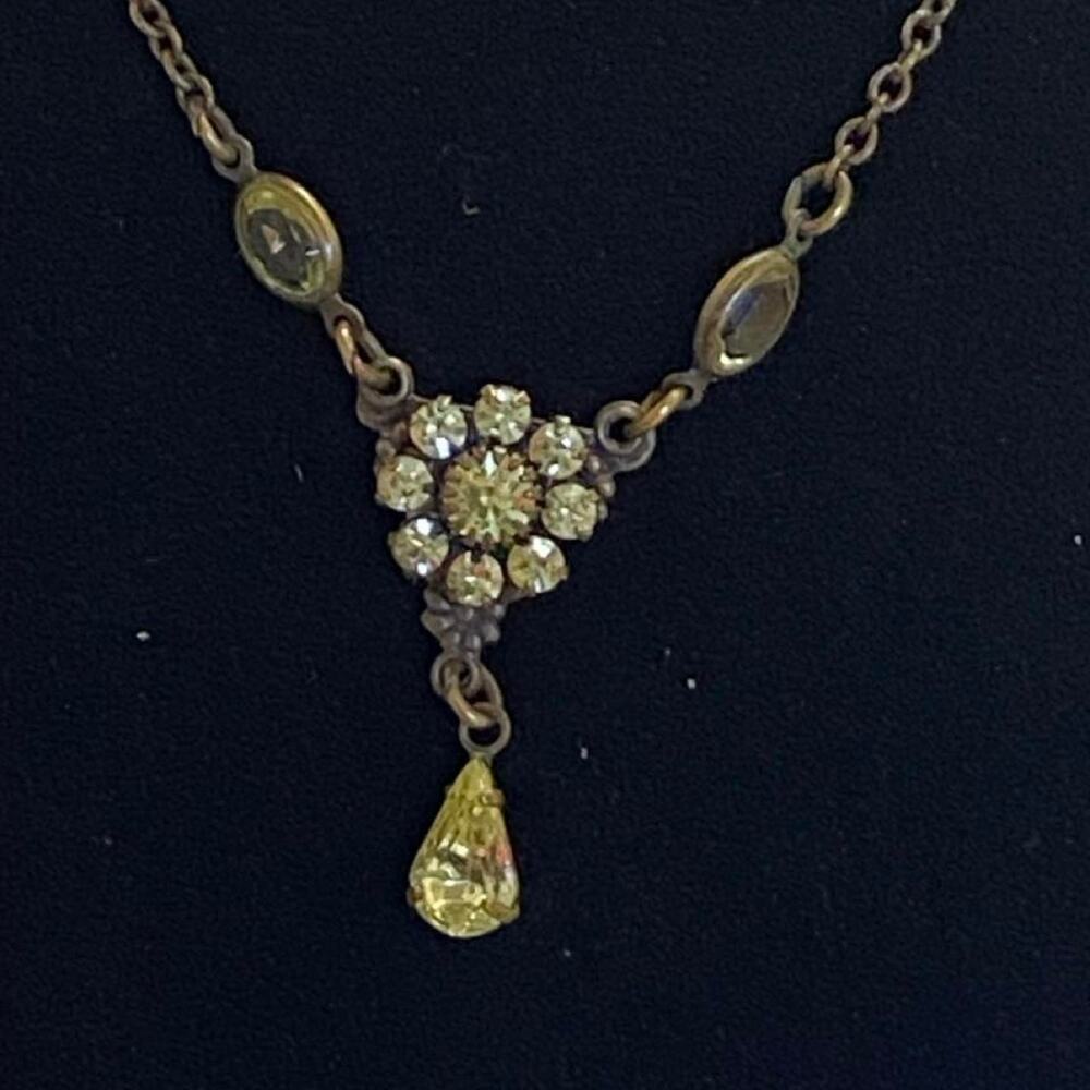 Vintage Kenneth Lane San Francisco Rhinestone Necklace Antique Gold Teardrop